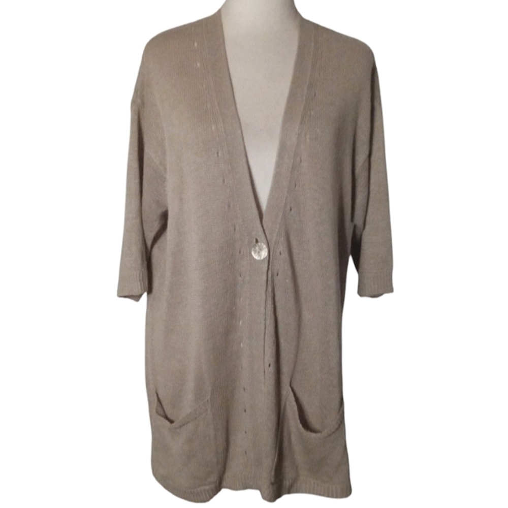 J. Jill Love Linen Light Oatmeal Single Button Front Knit Linen Cardigan Large